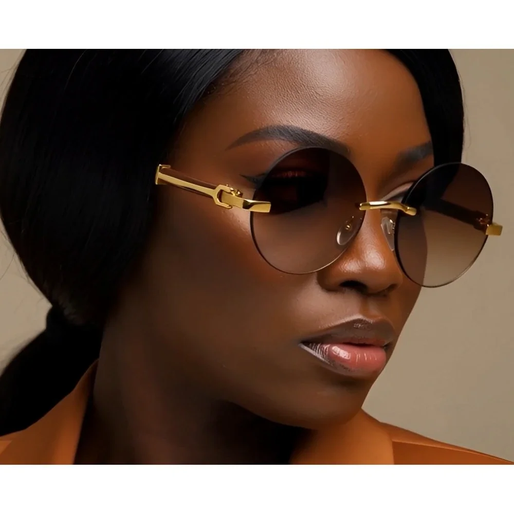 Rimless Sunglasses Round Lens Wood Arms Gold Accents Women‎ Fashion Street Wear